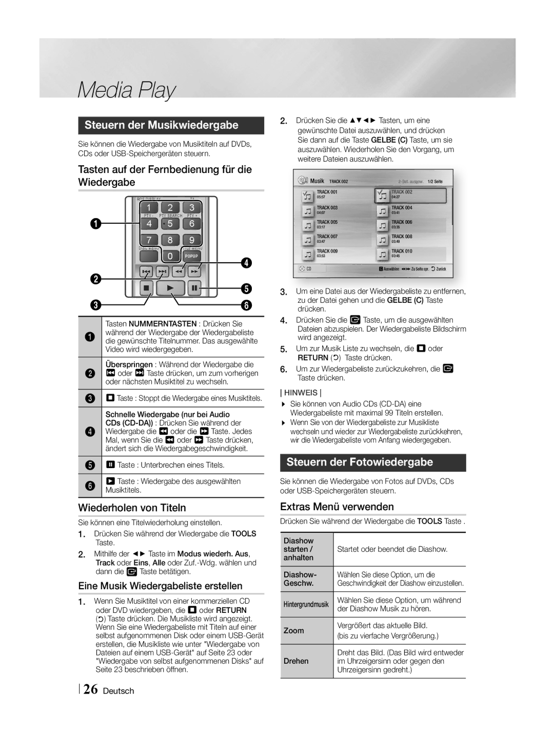 Samsung HT-H4500R/ZF Steuern der Musikwiedergabe, Tasten auf der Fernbedienung für die Wiedergabe, Wiederholen von Titeln 