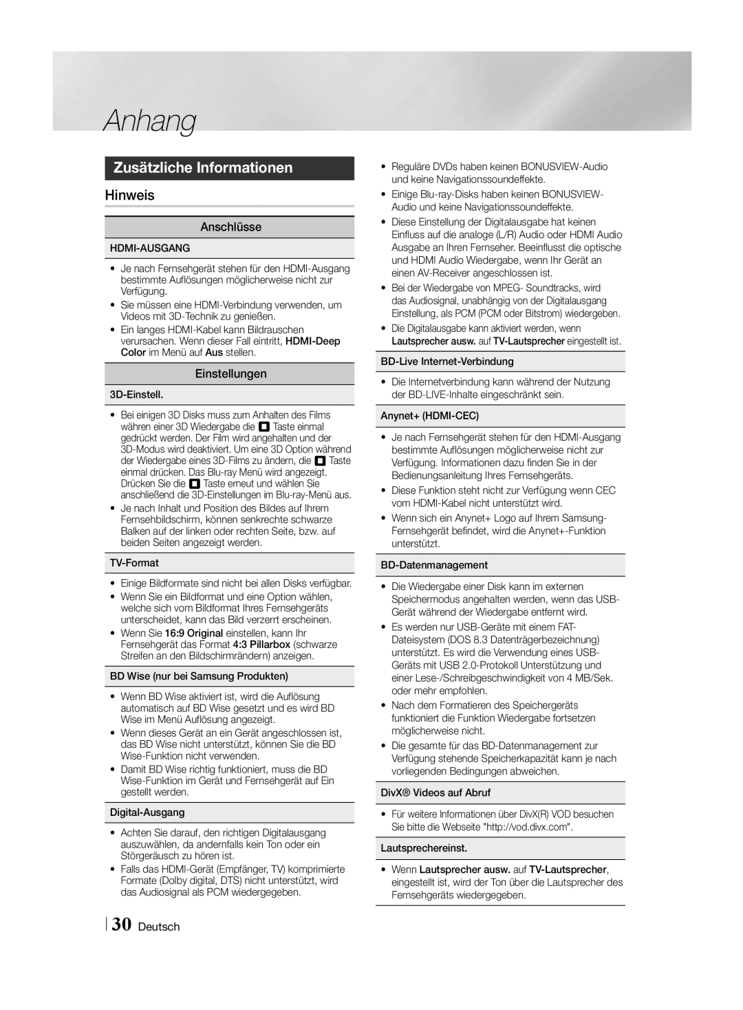 Samsung HT-H4500R/XU, HT-H4550R/EN, HT-H4550R/TK manual Anhang, Zusätzliche Informationen, Hinweis, Anschlüsse, Einstellungen 