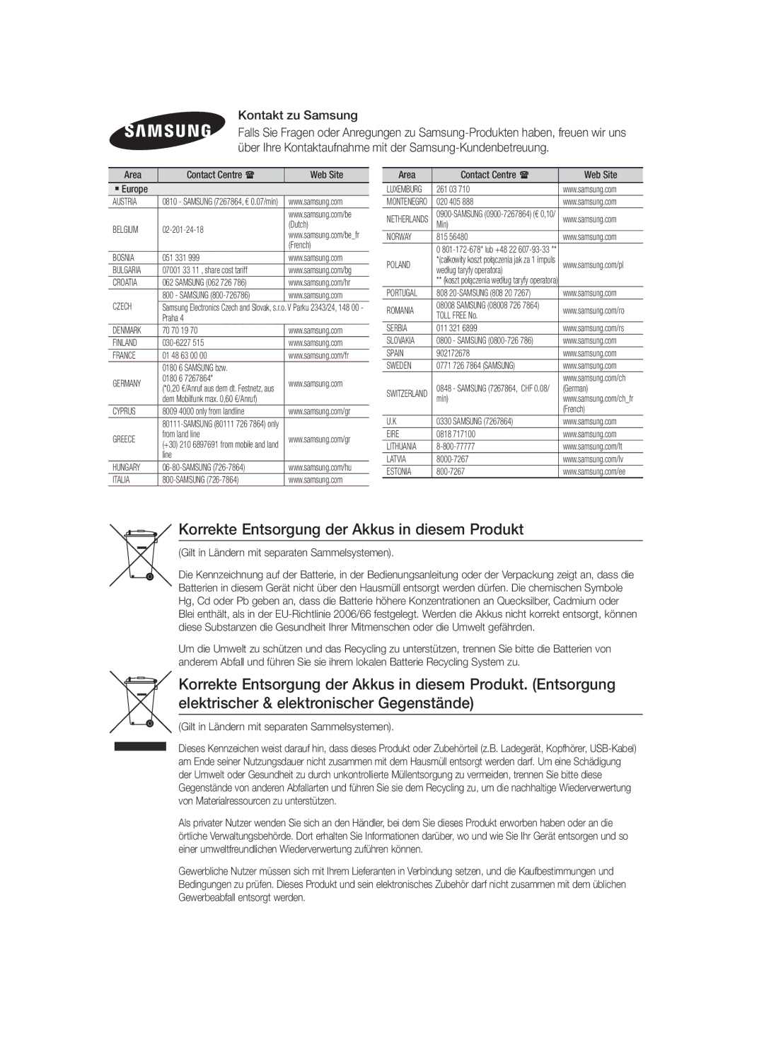 Samsung HT-H4500R/XN, HT-H4550R/EN, HT-H4550R/TK manual Korrekte Entsorgung der Akkus in diesem Produkt, Kontakt zu Samsung 