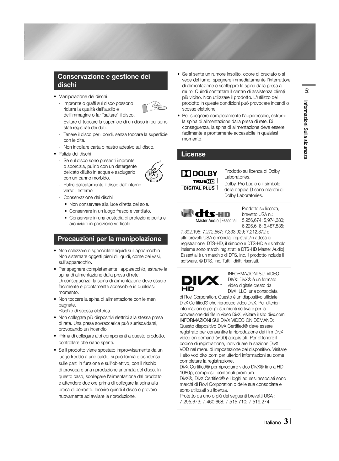 Samsung HT-H4550R/EN, HT-H4550R/TK manual Conservazione e gestione dei dischi, Precauzioni per la manipolazione, License 