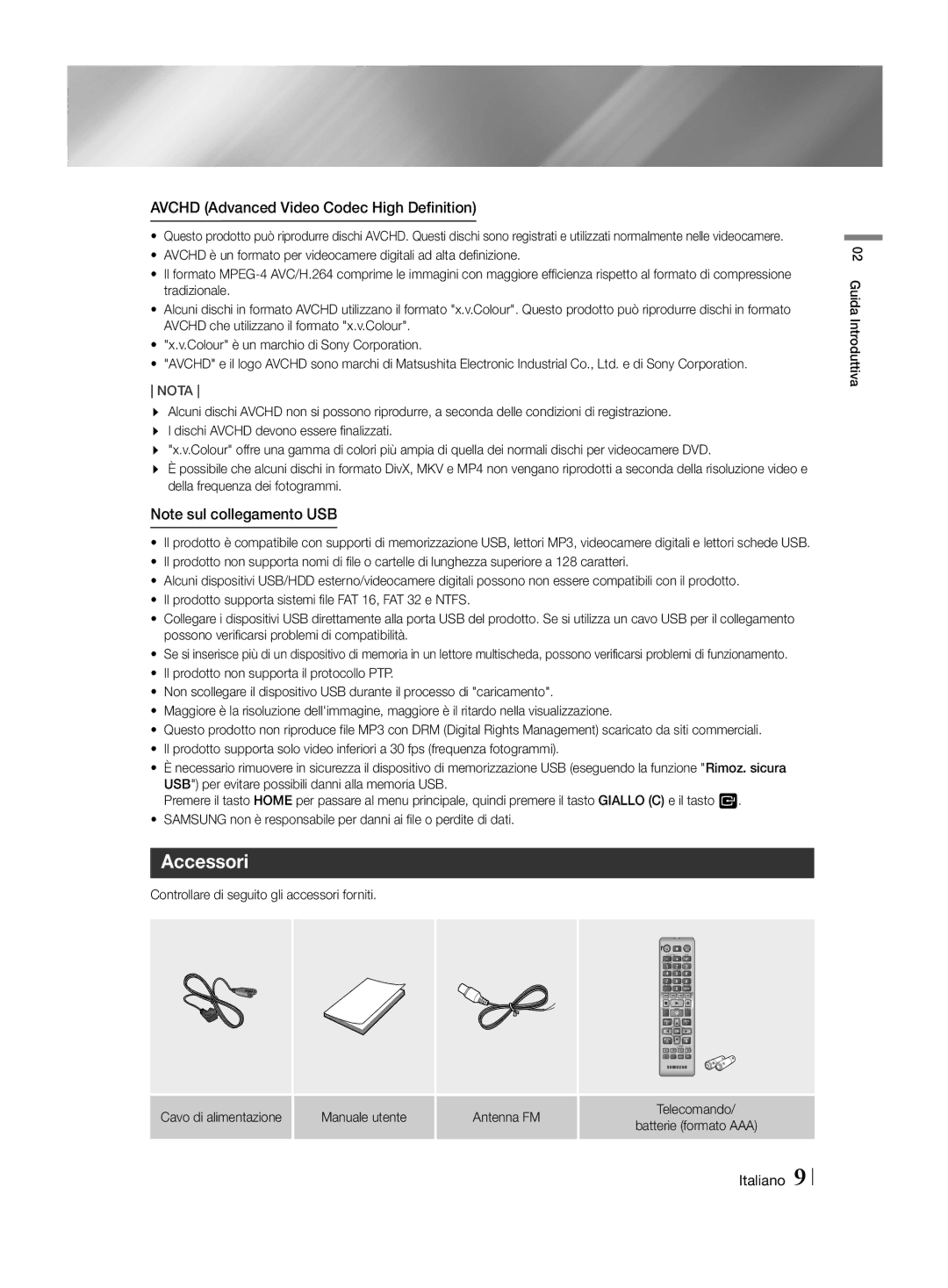 Samsung HT-H4500R/XN, HT-H4550R/EN, HT-H4550R/TK, HT-H4500R/EN manual Accessori, Controllare di seguito gli accessori forniti 