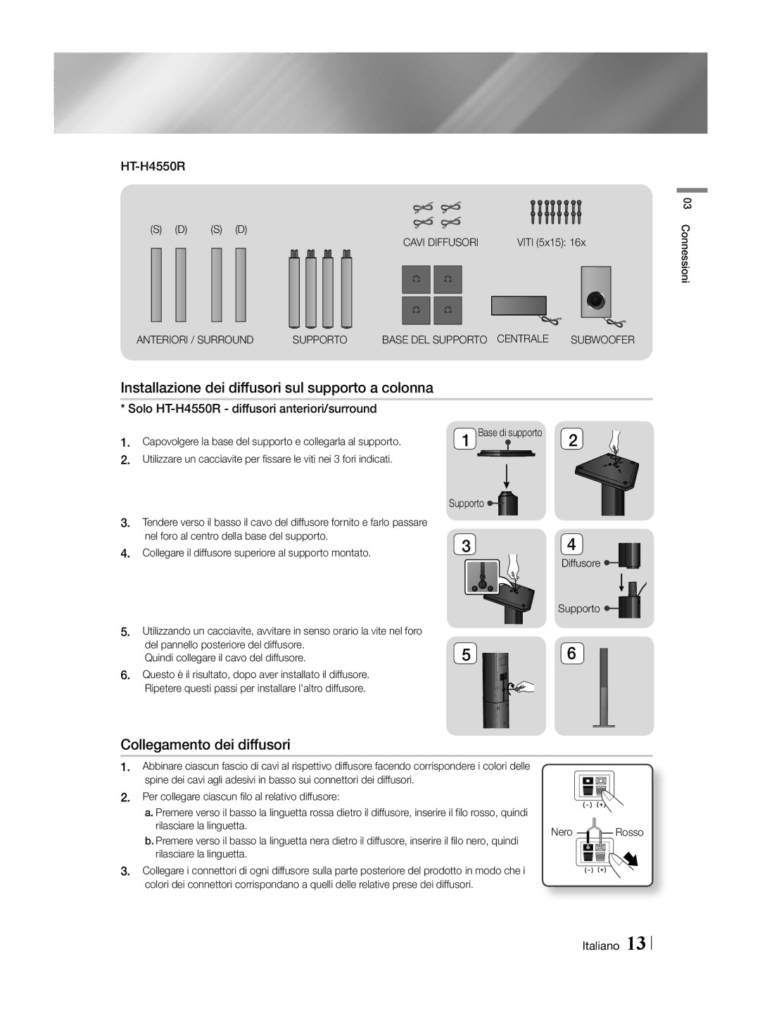 Samsung HT-H4550R/TK manual Installazione dei diffusori sul supporto a colonna, Collegamento dei diffusori, Cavi Diffusori 