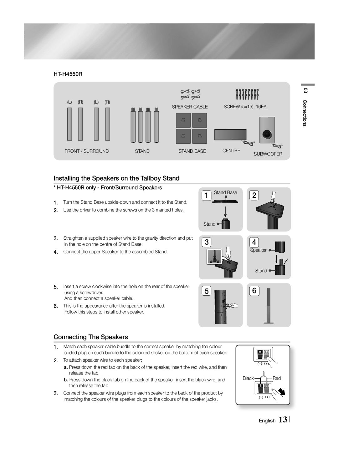 Samsung HT-H4550R/ZF, HT-H4550R/EN manual Connecting The Speakers, Speaker Cable, Front / Surround Stand Stand Base Centre 