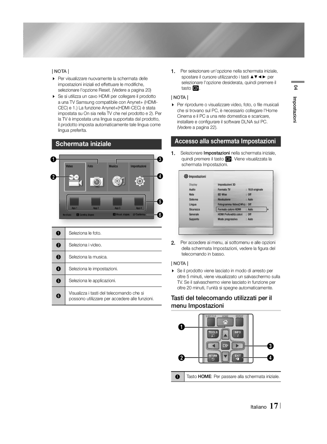 Samsung HT-H4550R/XU, HT-H4550R/EN, HT-H4550R/TK, HT-H4500R/EN manual Schermata iniziale, Accesso alla schermata Impostazioni 