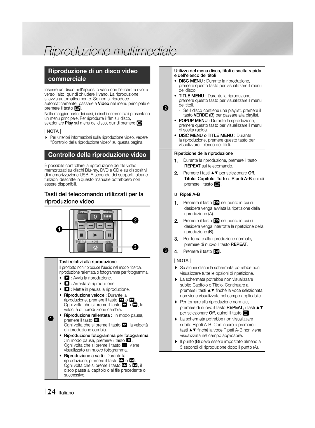 Samsung HT-H4500R/ZF, HT-H4550R/EN manual Riproduzione di un disco video commerciale, Controllo della riproduzione video 