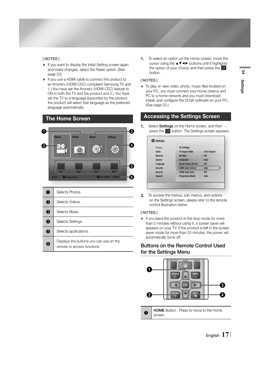 Samsung HT-H4500R/XE Home Screen, Accessing the Settings Screen, Buttons on the Remote Control Used for the Settings Menu 