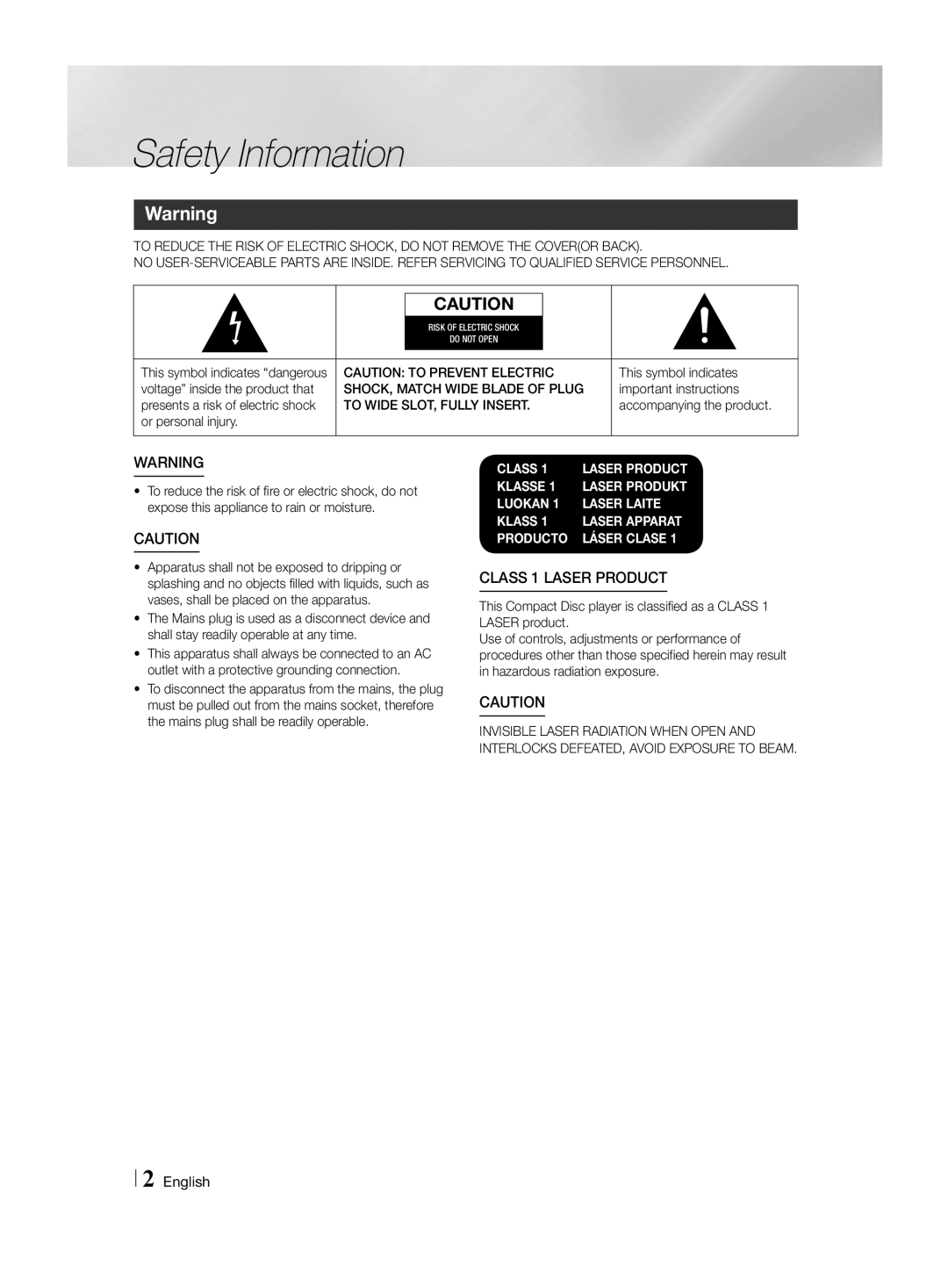 Samsung HT-H4500R/EN, HT-H4550R/EN manual Safety Information, SHOCK, Match Wide Blade of Plug, To Wide SLOT, Fully Insert 