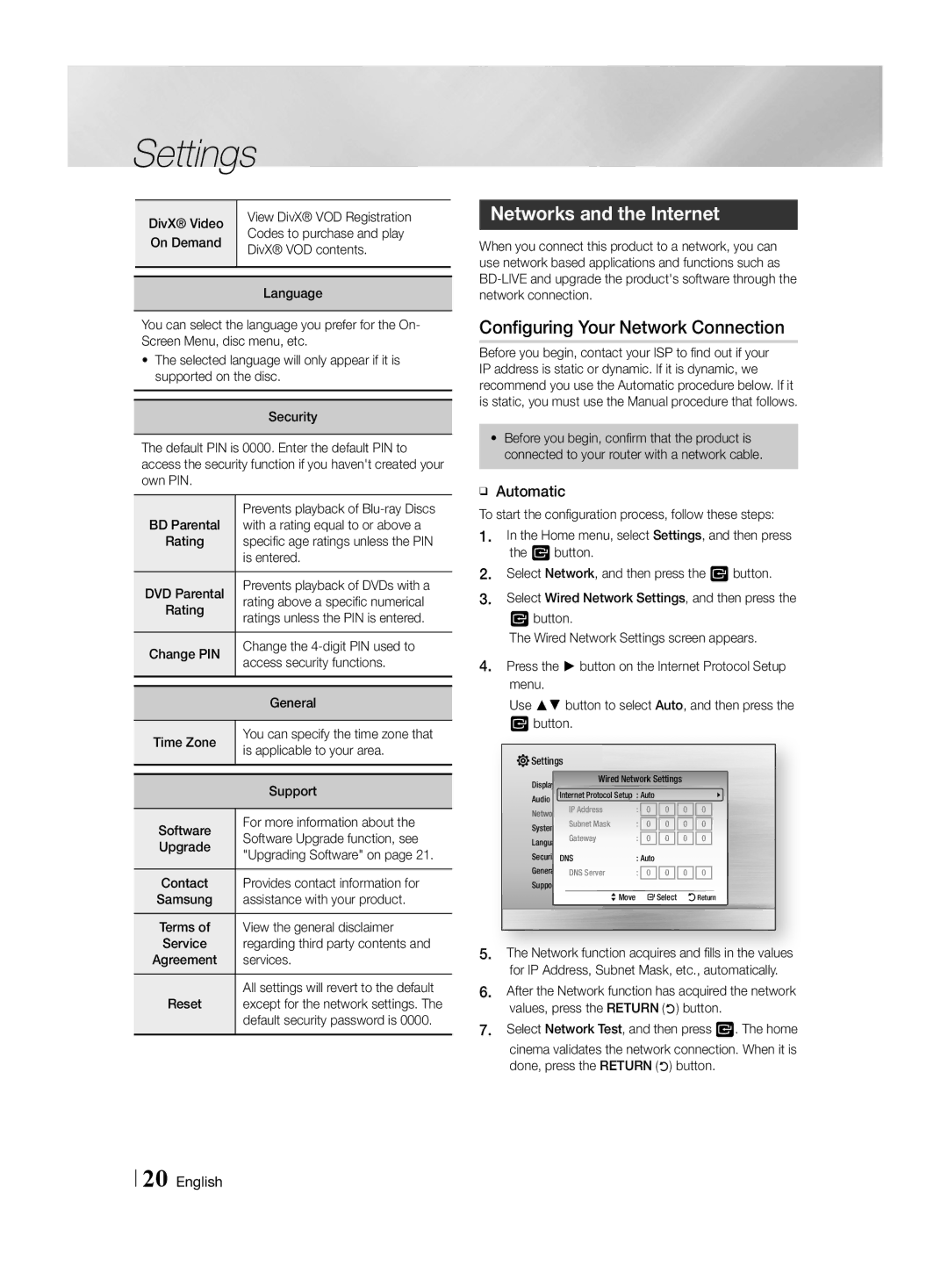 Samsung HT-H4500R/EN, HT-H4550R/EN manual Networks and the Internet, Configuring Your Network Connection, ĞĞ Automatic 