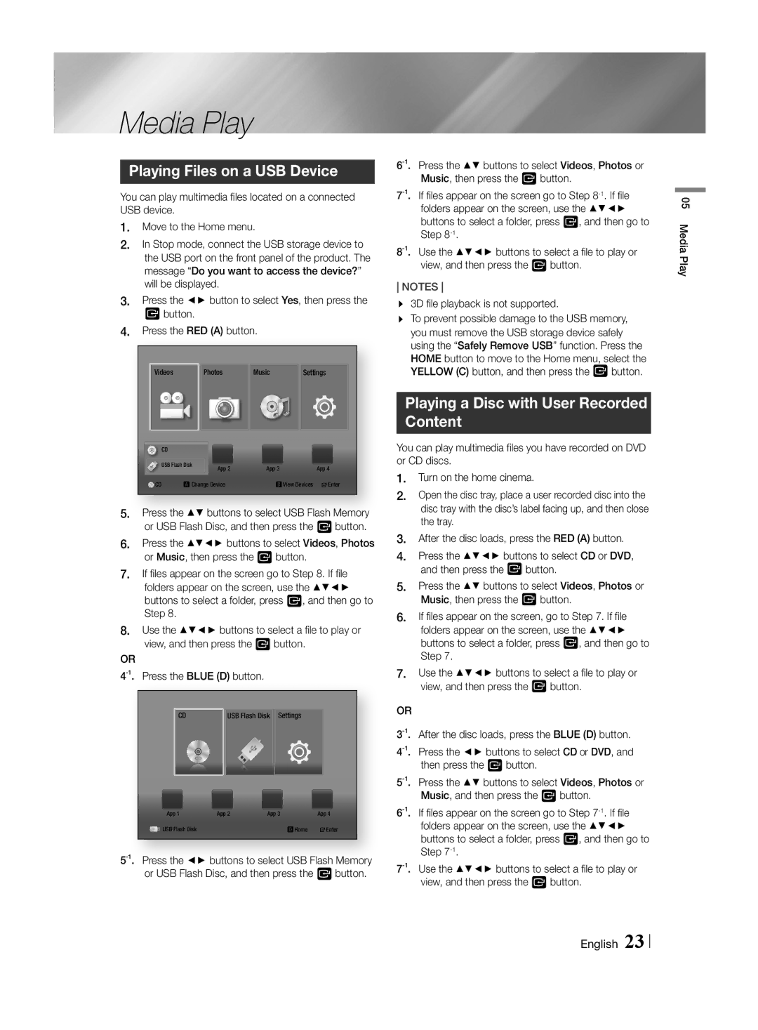 Samsung HT-H4550R/XU, HT-H4550R/EN Media Play, Playing Files on a USB Device, Playing a Disc with User Recorded Content 