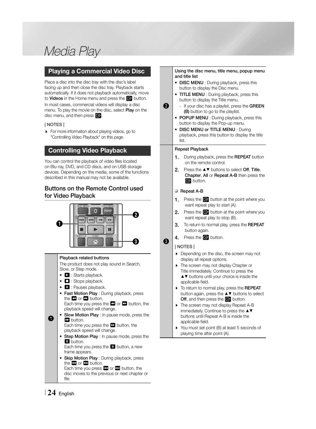 Samsung HT-H4500R/XN, HT-H4550R/EN, HT-H4550R/TK, HT-H4500R/EN Playing a Commercial Video Disc, Controlling Video Playback 