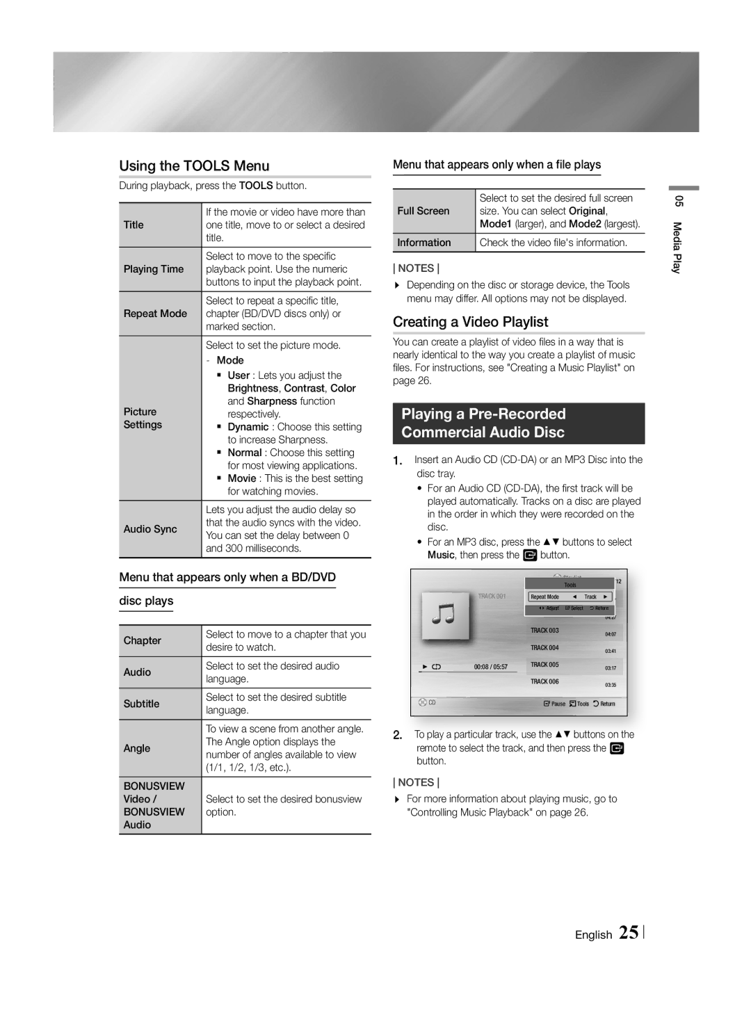 Samsung HT-H4500R/XU manual Using the Tools Menu, Creating a Video Playlist, Playing a Pre-Recorded Commercial Audio Disc 