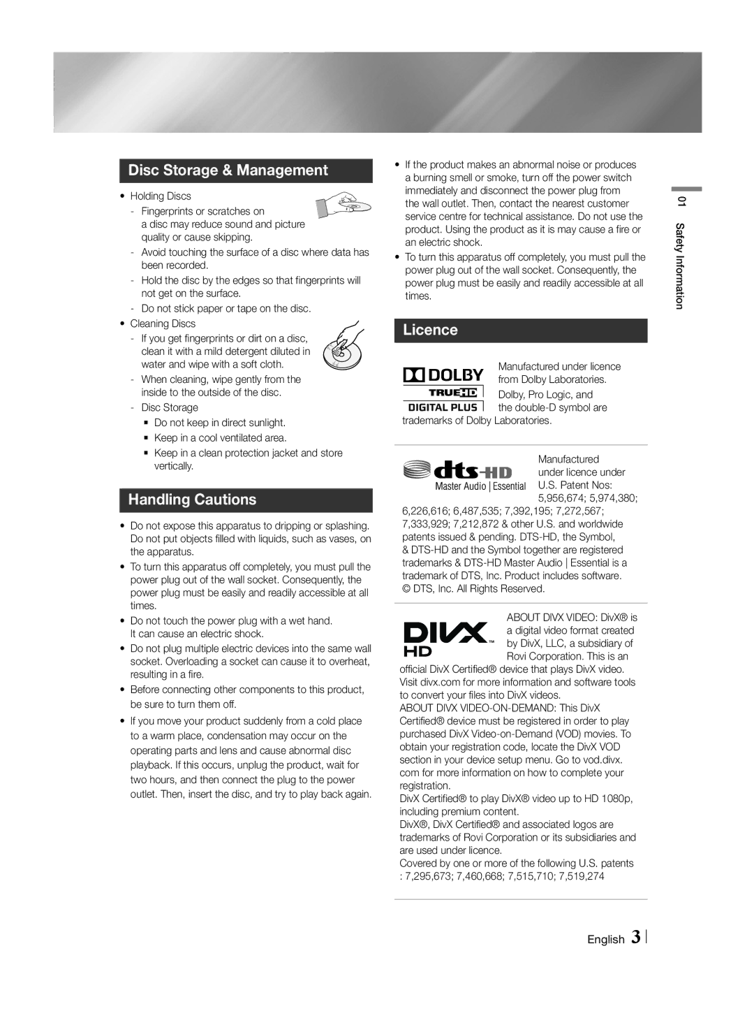 Samsung HT-H4500R/ZF, HT-H4550R/EN, HT-H4550R/TK, HT-H4500R/EN manual Disc Storage & Management, Handling Cautions, Licence 