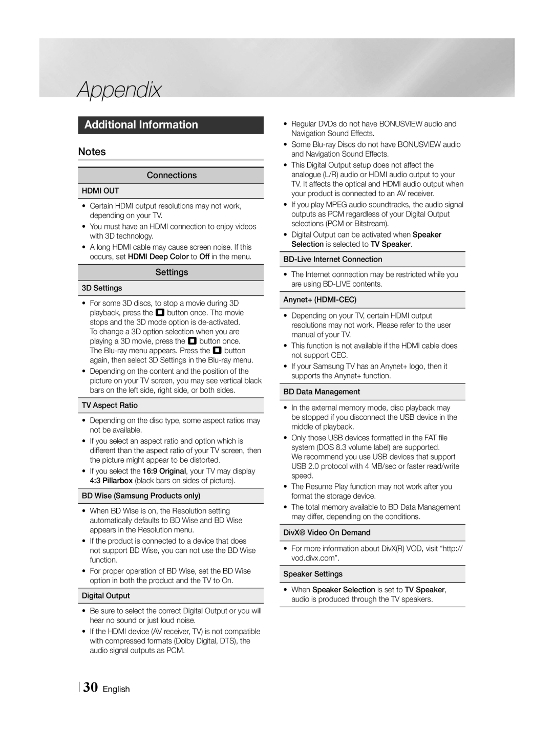 Samsung HT-H4500R/ZF, HT-H4550R/EN, HT-H4550R/TK manual Appendix, Additional Information, Connections, Settings, Hdmi OUT 