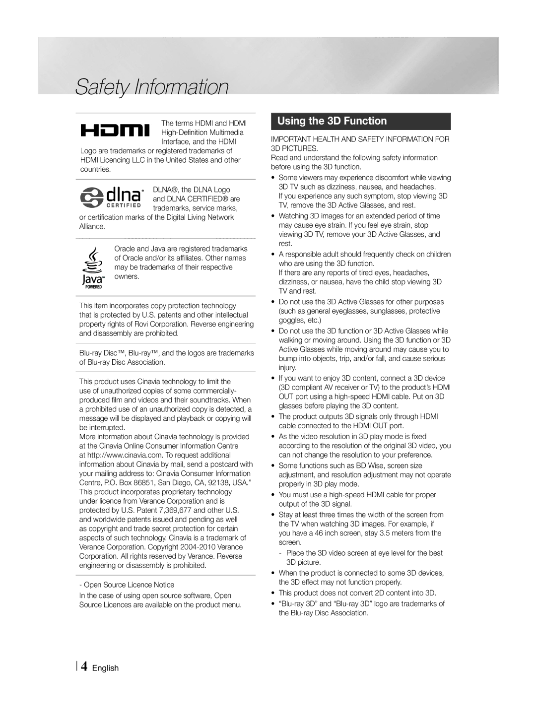 Samsung HT-H4550R/ZF, HT-H4550R/EN, HT-H4550R/TK, HT-H4500R/EN manual Using the 3D Function, Open Source Licence Notice 