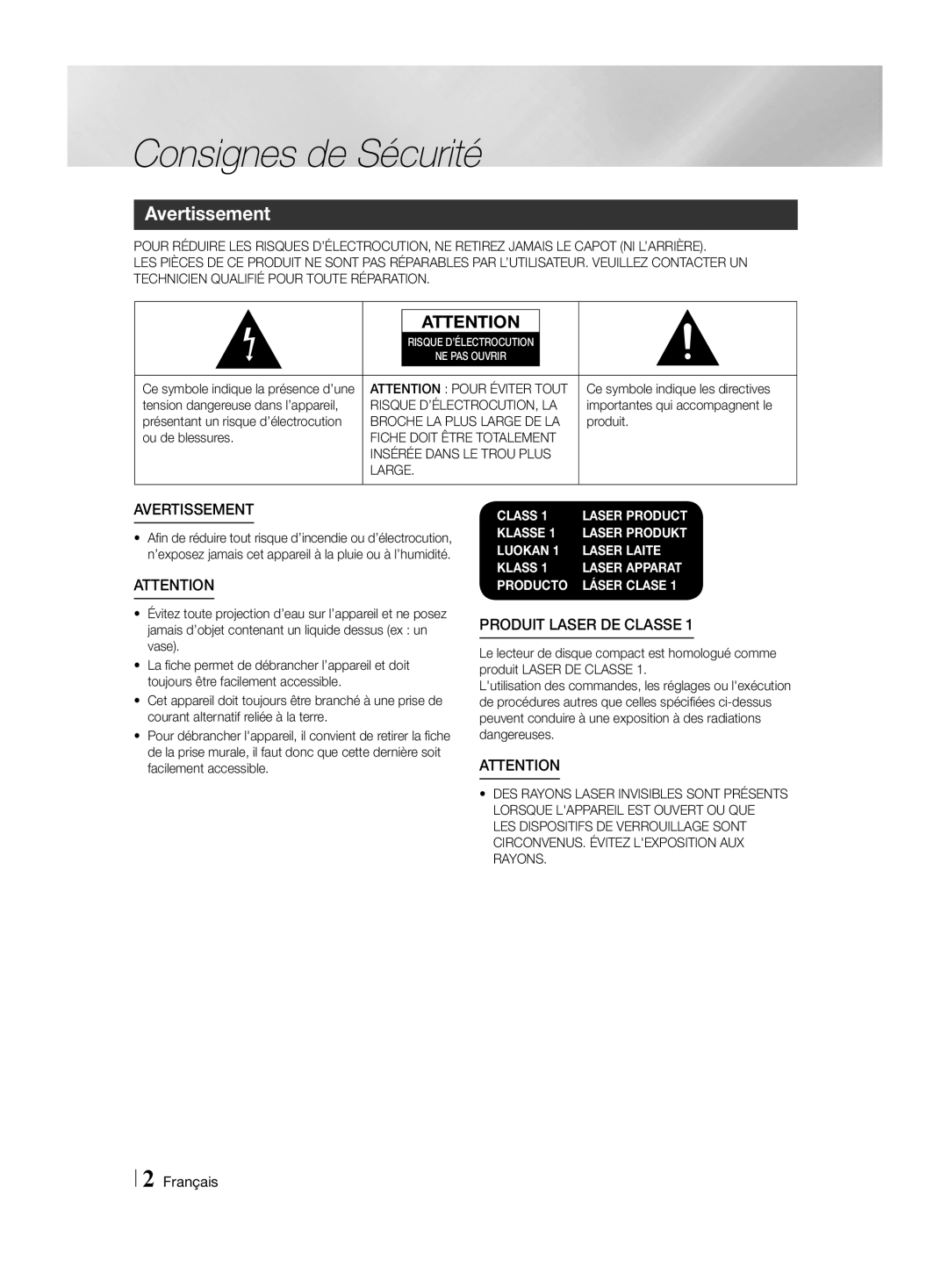 Samsung HT-H4550R/ZF Consignes de Sécurité, Avertissement, Fiche Doit Être Totalement Insérée Dans LE Trou Plus Large 