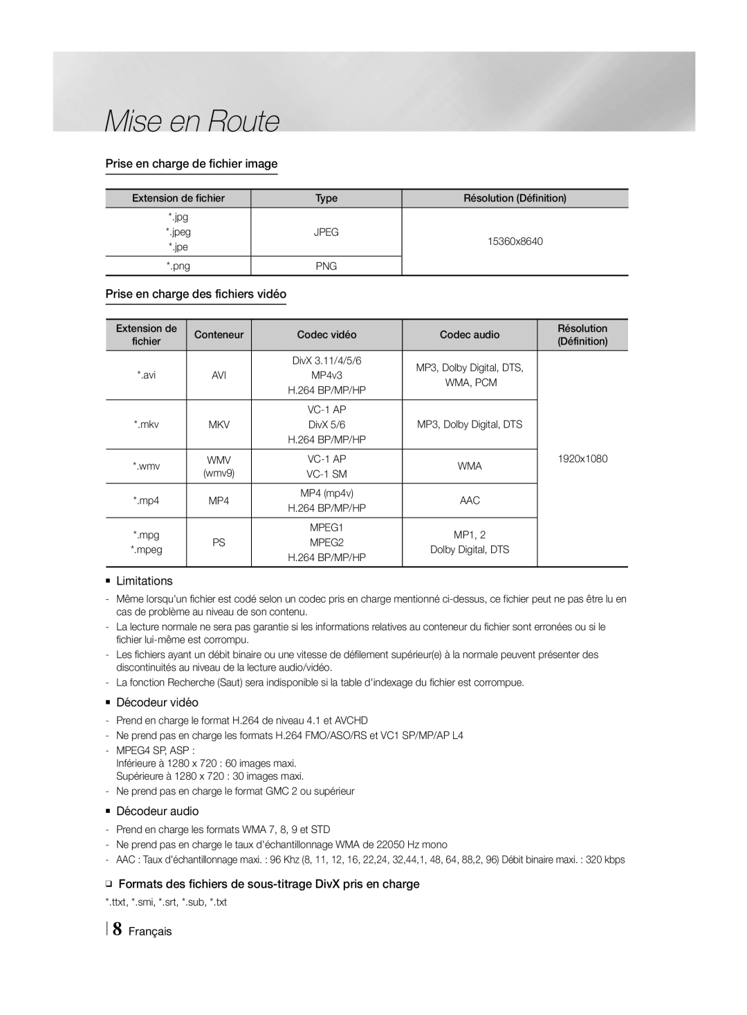 Samsung HT-H4550R/TK manual Prise en charge de fichier image, ĞĞ Formats des fichiers de sous-titrage DivX pris en charge 