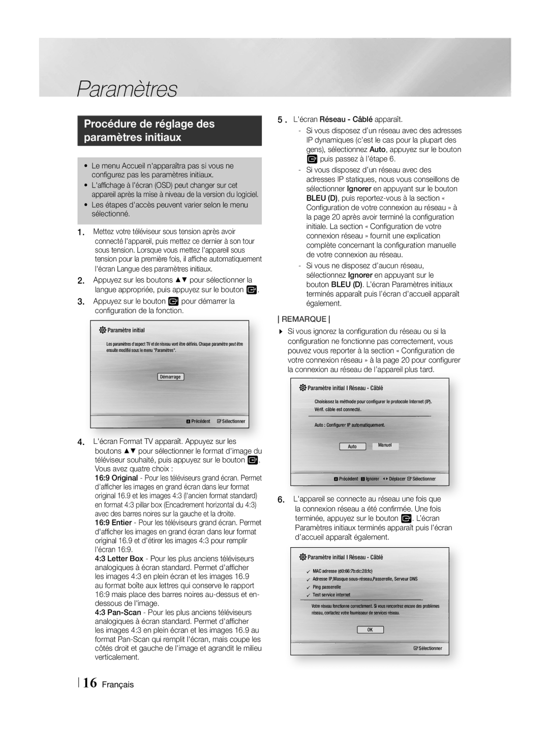 Samsung HT-H4550R/EN manual Paramètres, Procédure de réglage des paramètres initiaux,  . Lécran Réseau Câblé apparaît 