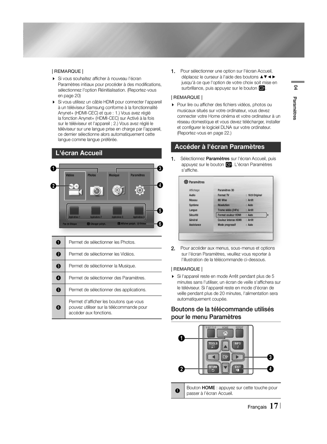 Samsung HT-H4550R/TK, HT-H4550R/EN, HT-H4500R/EN, HT-H4500R/ZF, HT-H4550R/ZF manual Lécran Accueil, Accéder à lécran Paramètres 