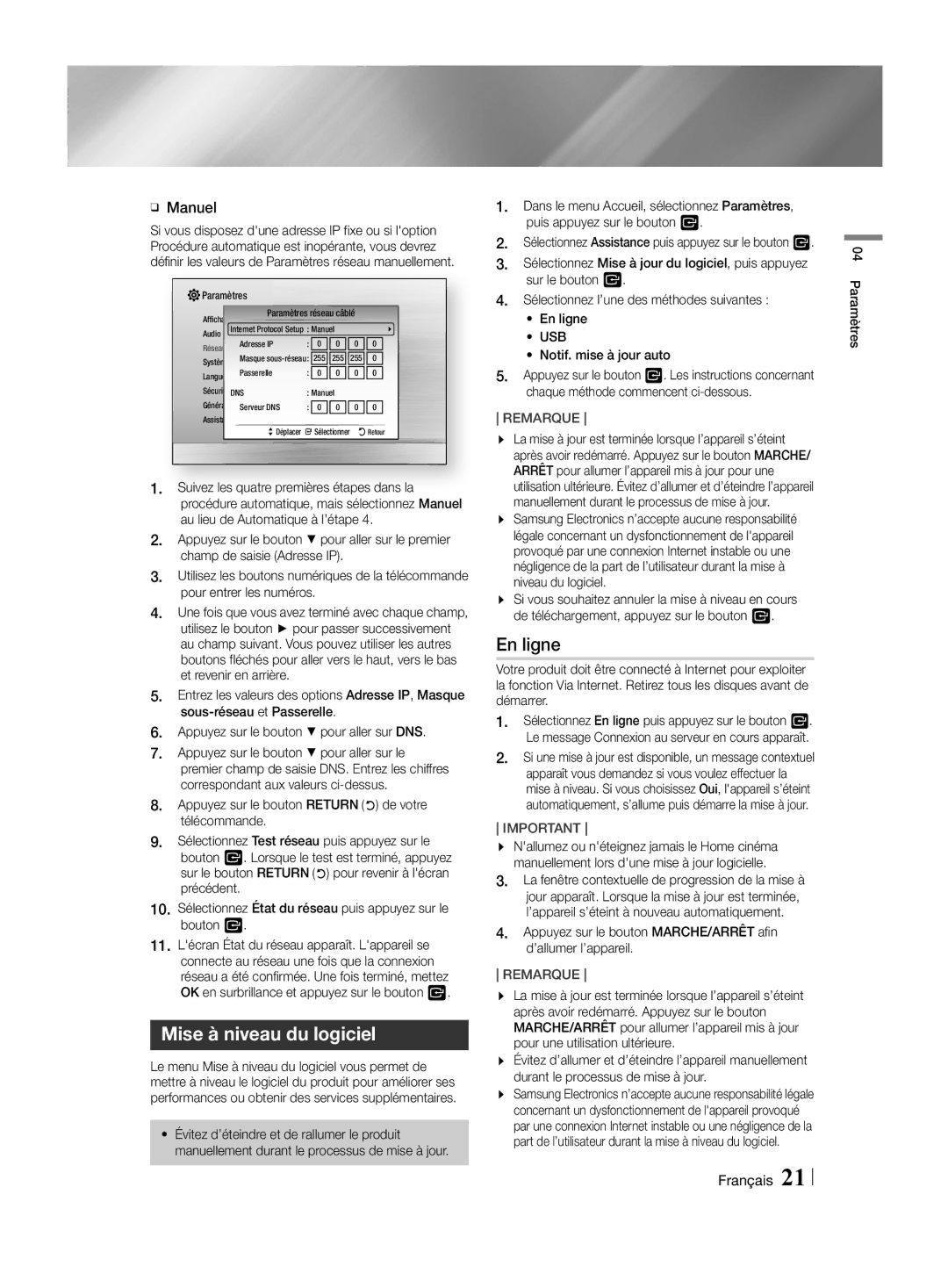 Samsung HT-H4550R/XU, HT-H4550R/EN manual Mise à niveau du logiciel, En ligne, ĞĞ Manuel, Usb, Notif. mise à jour auto 