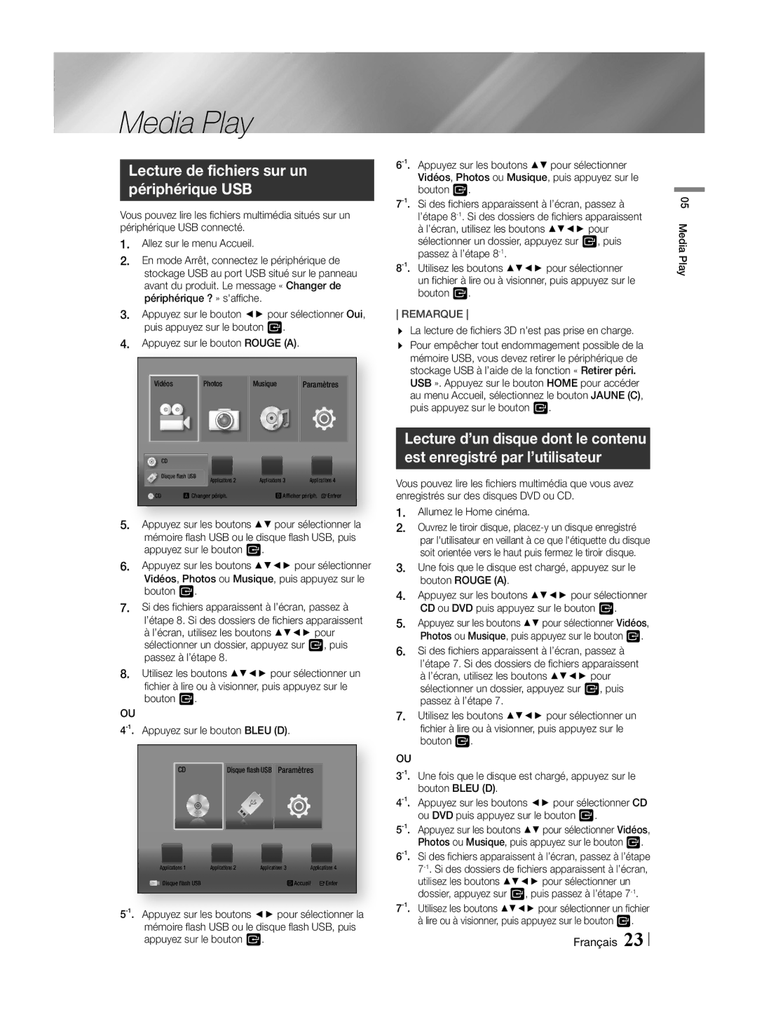 Samsung HT-H4500R/XU manual Lecture de fichiers sur un périphérique USB, Utilisez les boutons pour sélectionner un fichier 