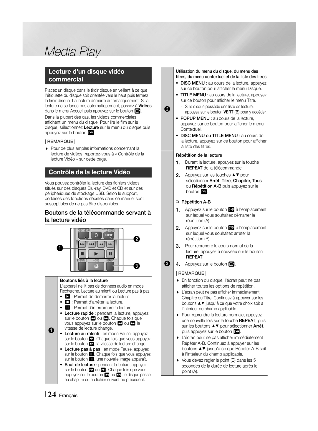 Samsung HT-H4500R/XE, HT-H4550R/EN, HT-H4550R/TK Lecture dun disque vidéo commercial, Contrôle de la lecture Vidéo, Repeat 