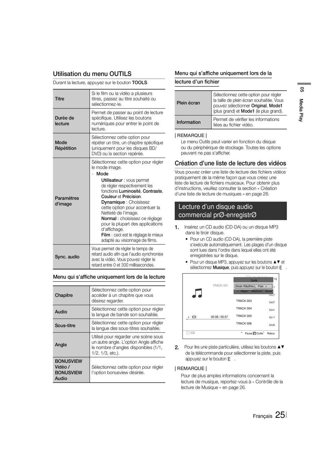 Samsung HT-H4550R/EN, HT-H4550R/TK, HT-H4500R/EN Utilisation du menu Outils, Création d’une liste de lecture des vidéos 