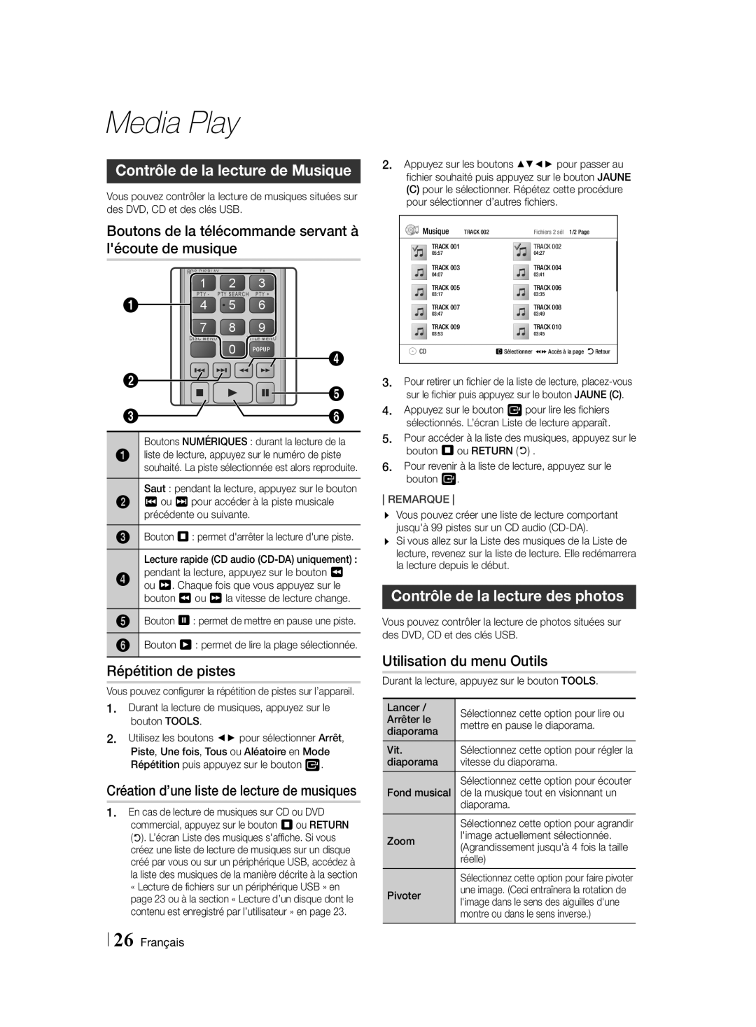 Samsung HT-H4550R/TK manual Contrôle de la lecture de Musique, Boutons de la télécommande servant à lécoute de musique 