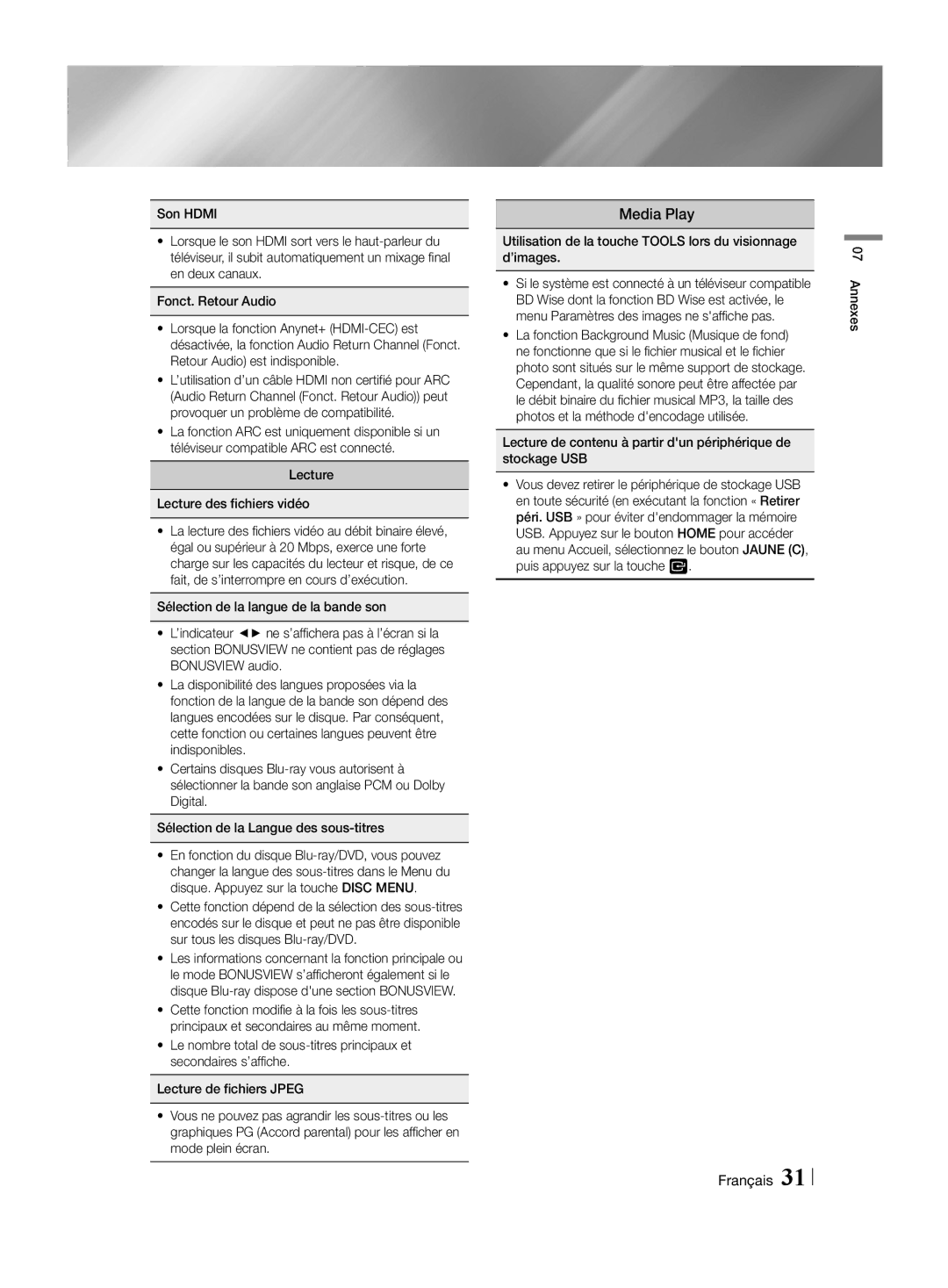 Samsung HT-H4500R/XN manual Lecture Lecture des fichiers vidéo, Utilisation de la touche Tools lors du visionnage d’images 