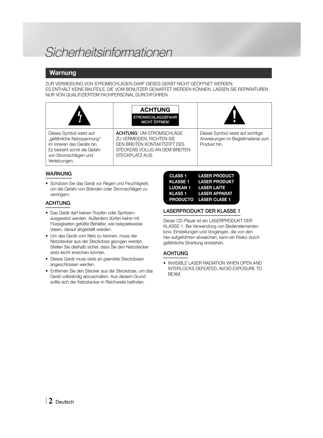 Samsung HT-H4500R/XN, HT-H4550R/EN, HT-H4550R/TK, HT-H4500R/EN, HT-H4500R/ZF, HT-H4550R/ZF Sicherheitsinformationen, Warnung 