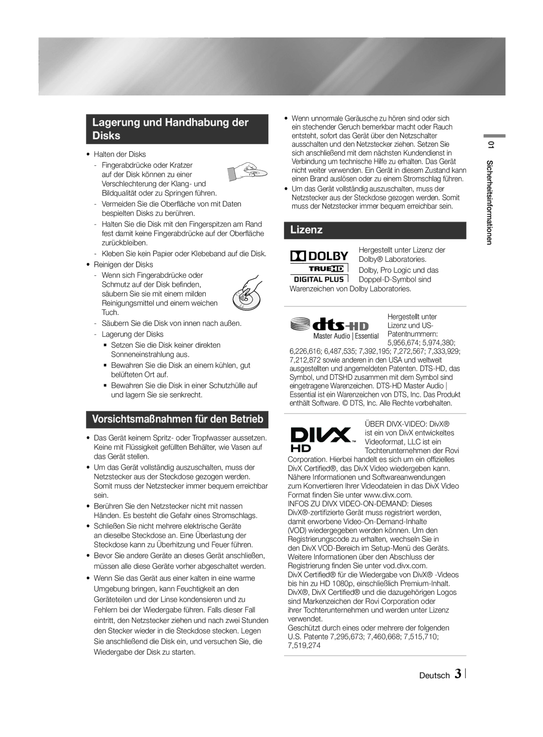 Samsung HT-H4500R/XU, HT-H4550R/EN Lagerung und Handhabung der Disks, Lizenz, Halten der Disks Fingerabdrücke oder Kratzer 