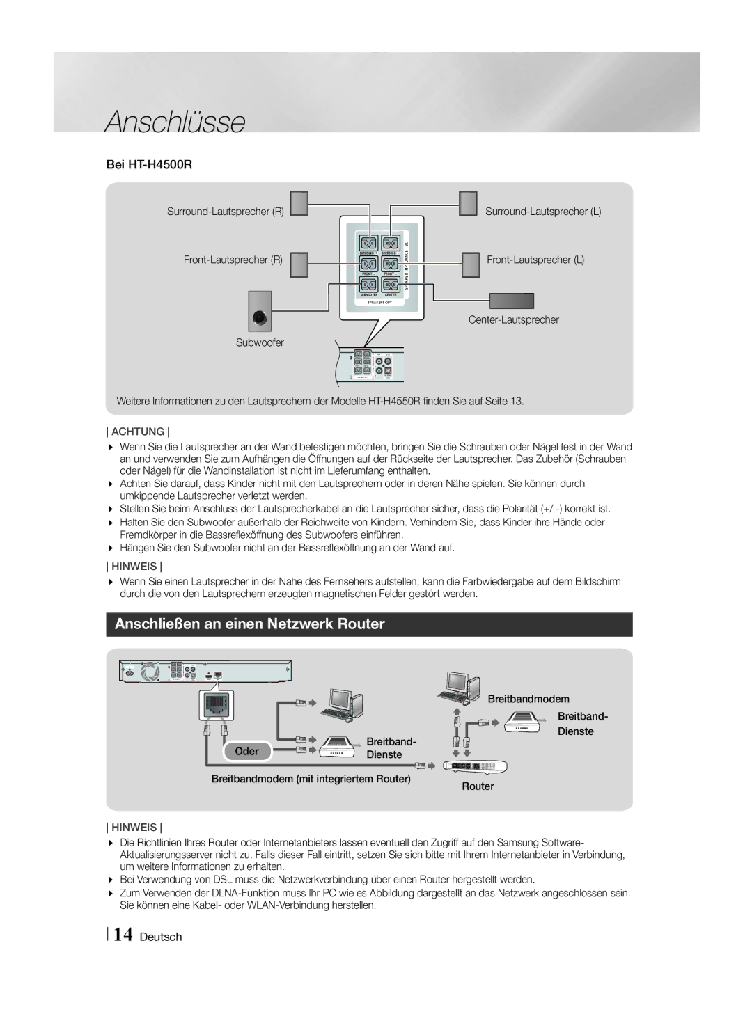 Samsung HT-H4550R/EN, HT-H4550R/TK, HT-H4500R/EN, HT-H4500R/ZF manual Anschließen an einen Netzwerk Router, Bei HT-H4500R 