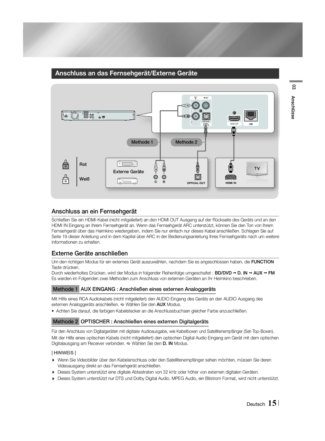 Samsung HT-H4550R/TK, HT-H4550R/EN Anschluss an das Fernsehgerät/Externe Geräte, Anschluss an ein Fernsehgerät, Methode 