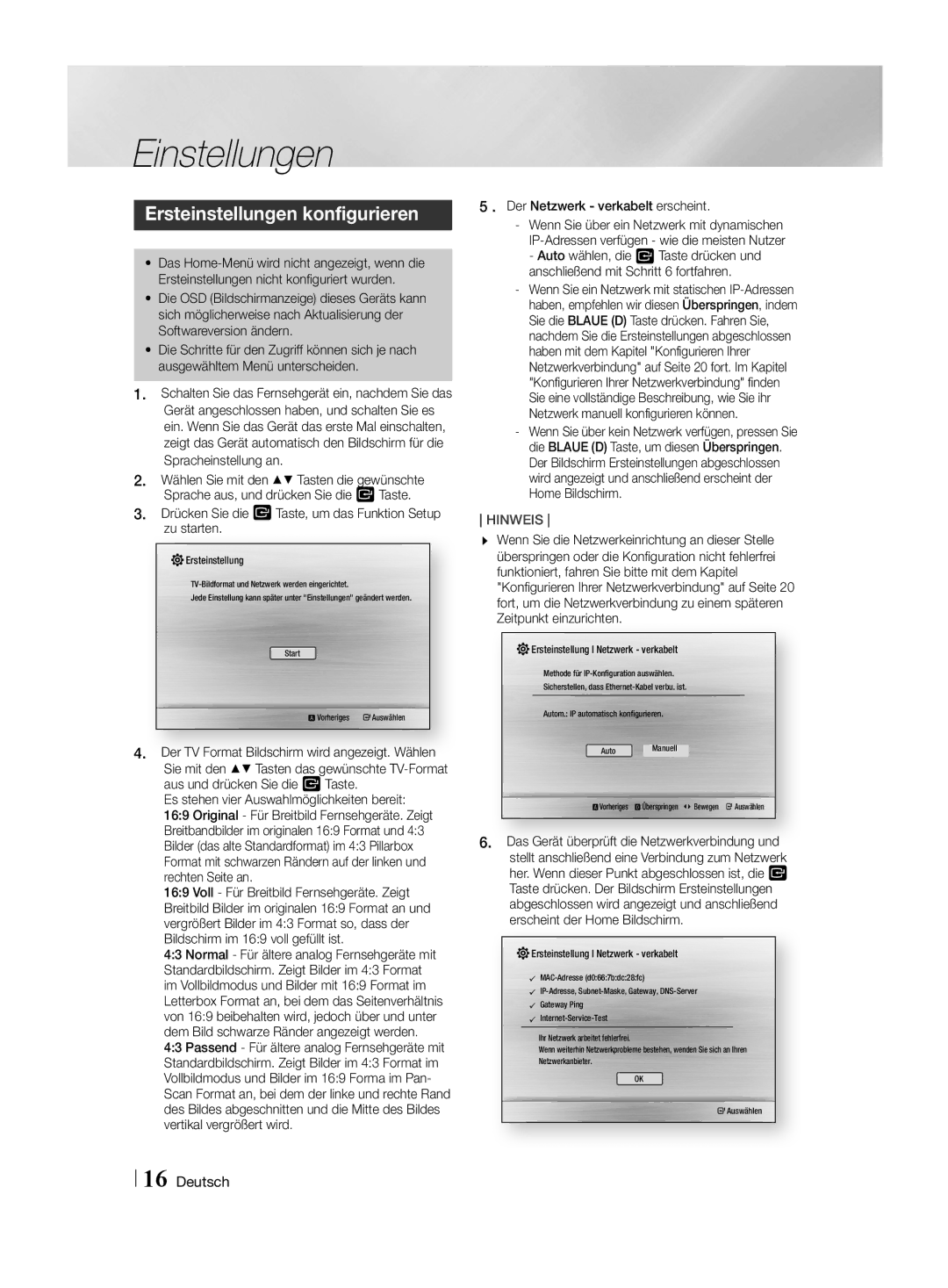 Samsung HT-H4500R/EN, HT-H4550R/EN Einstellungen, Ersteinstellungen konfigurieren,  . Der Netzwerk verkabelt erscheint 