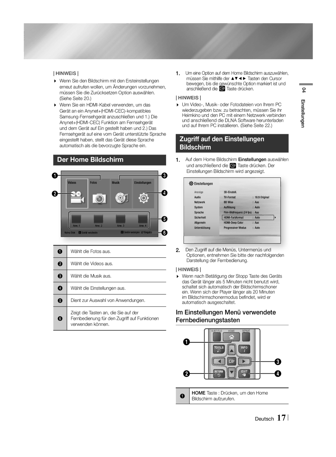 Samsung HT-H4500R/ZF, HT-H4550R/EN, HT-H4550R/TK, HT-H4500R/EN Der Home Bildschirm, Zugriff auf den Einstellungen Bildschirm 