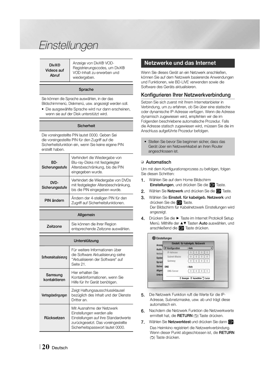 Samsung HT-H4500R/XN, HT-H4550R/EN manual Netzwerke und das Internet, Konfigurieren Ihrer Netzwerkverbindung, ĞĞ Automatisch 