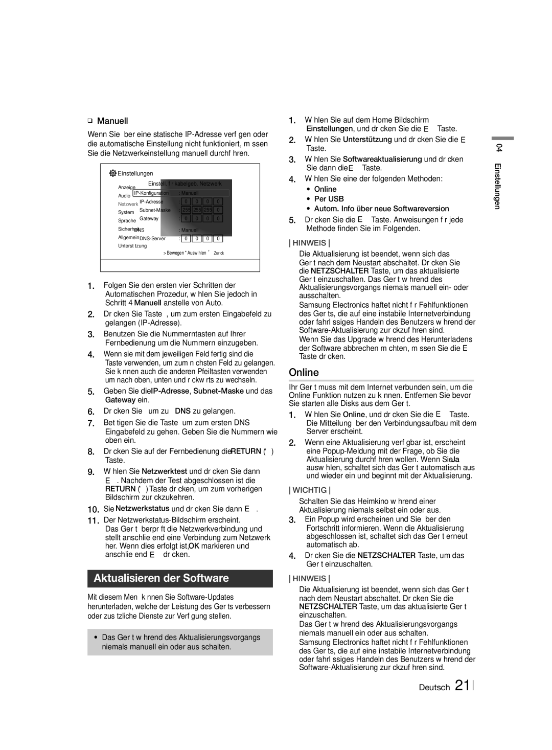 Samsung HT-H4500R/XU manual Aktualisieren der Software, Online, ĞĞ Manuell, Folgen Sie den ersten vier Schritten der 