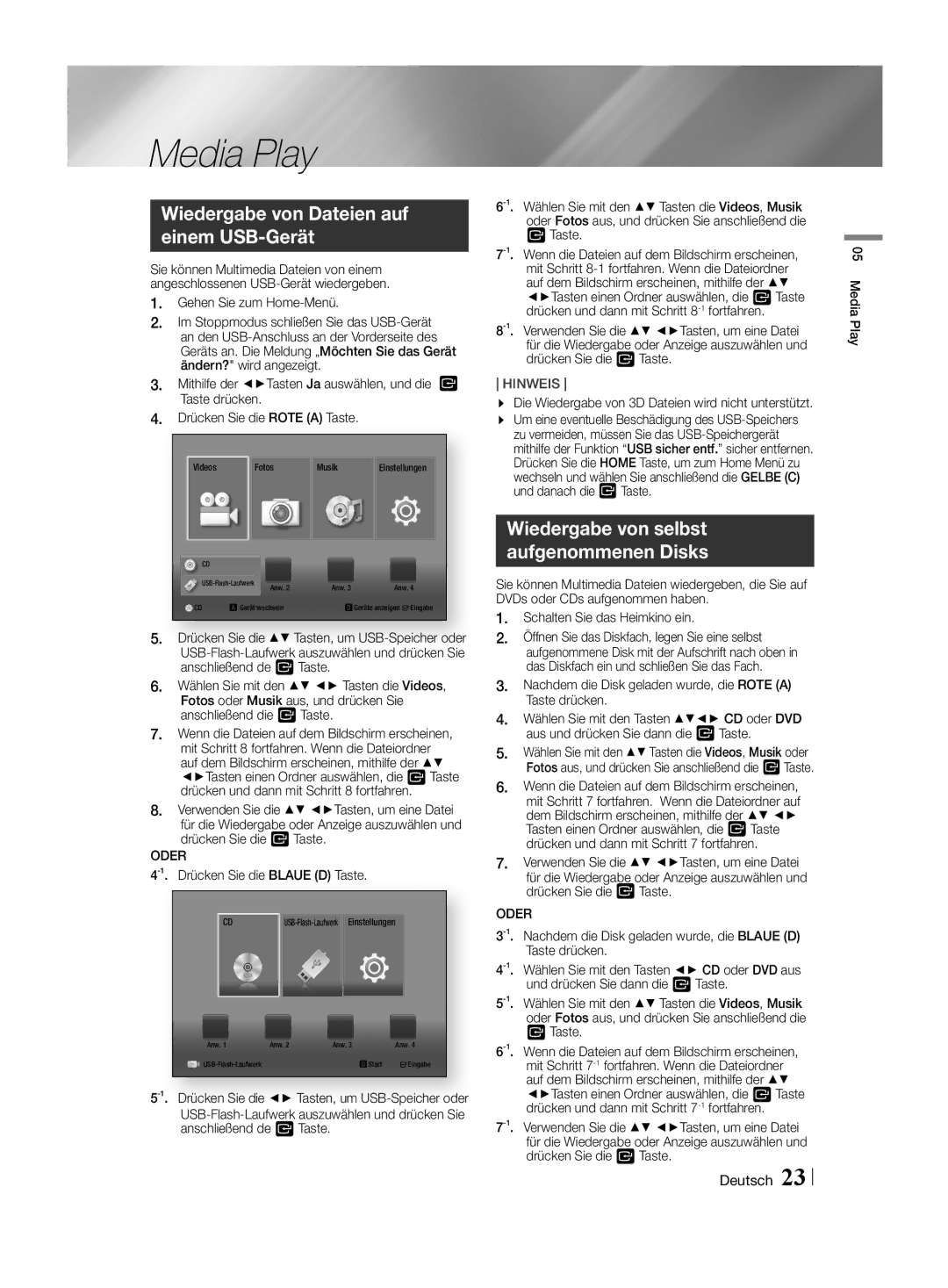 Samsung HT-H4550R/EN, HT-H4550R/TK manual Wiedergabe von Dateien auf einem USB-Gerät, Oder, Drücken Sie die Blaue D Taste 