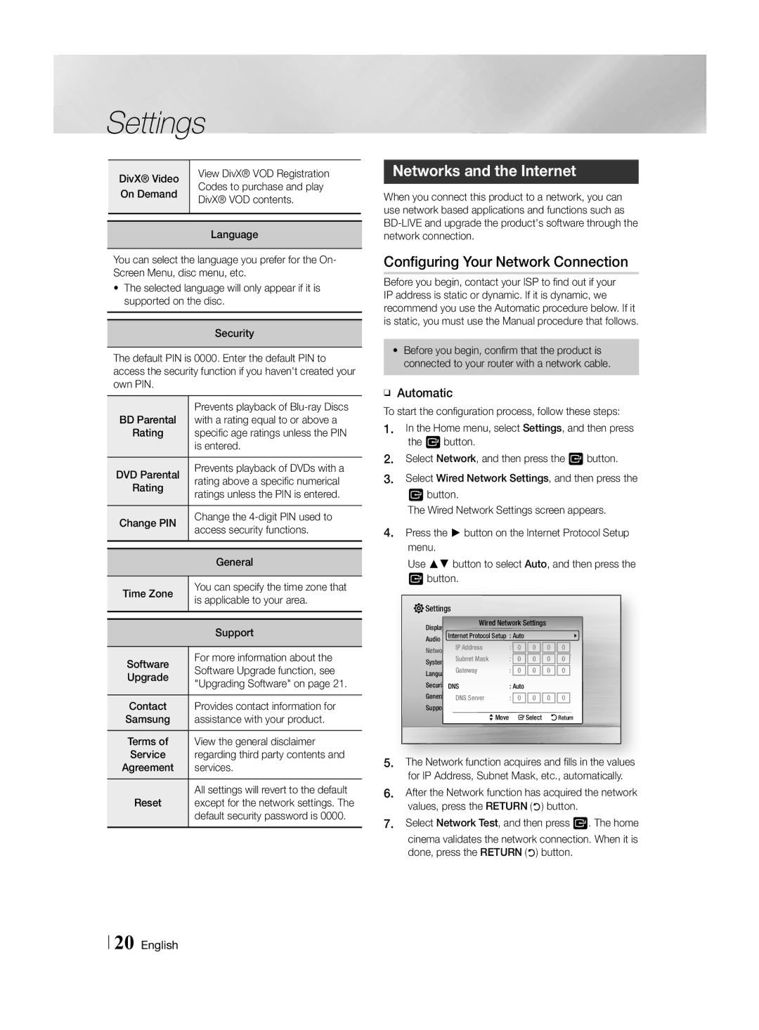 Samsung HT-H4550R/ZF, HT-H4550R/EN manual Networks and the Internet, Configuring Your Network Connection, ĞĞ Automatic 