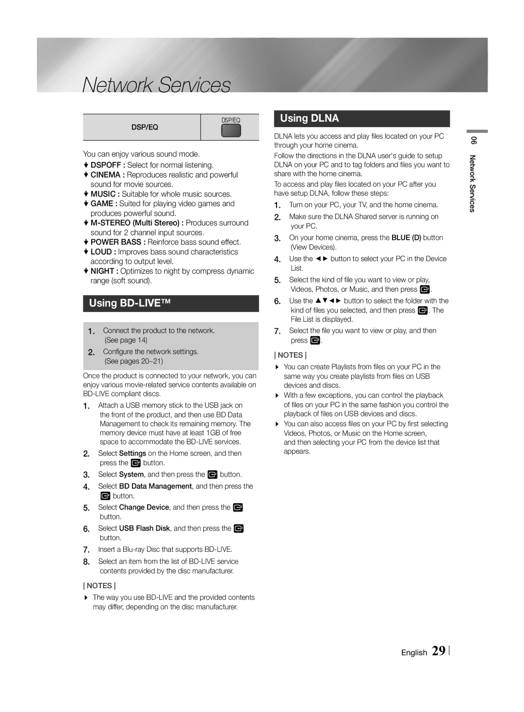 Samsung HT-H4550R/ZF, HT-H4550R/EN, HT-H4550R/TK manual Network Services, Using BD-LIVE, Using Dlna 