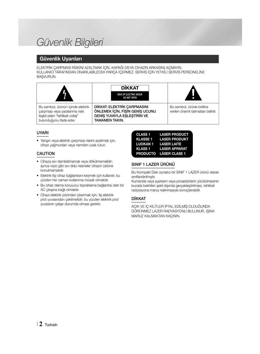 Samsung HT-H4550R/TK, HT-H4550R/EN, HT-H4550R/ZF manual Güvenlik Bilgileri, Güvenlik Uyarıları 