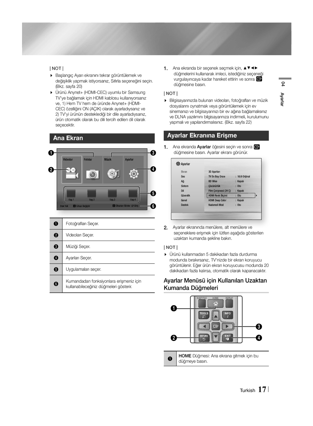 Samsung HT-H4550R/TK manual Ana Ekran, Ayarlar Ekranına Erişme, Ayarlar Menüsü için Kullanılan Uzaktan Kumanda Düğmeleri 