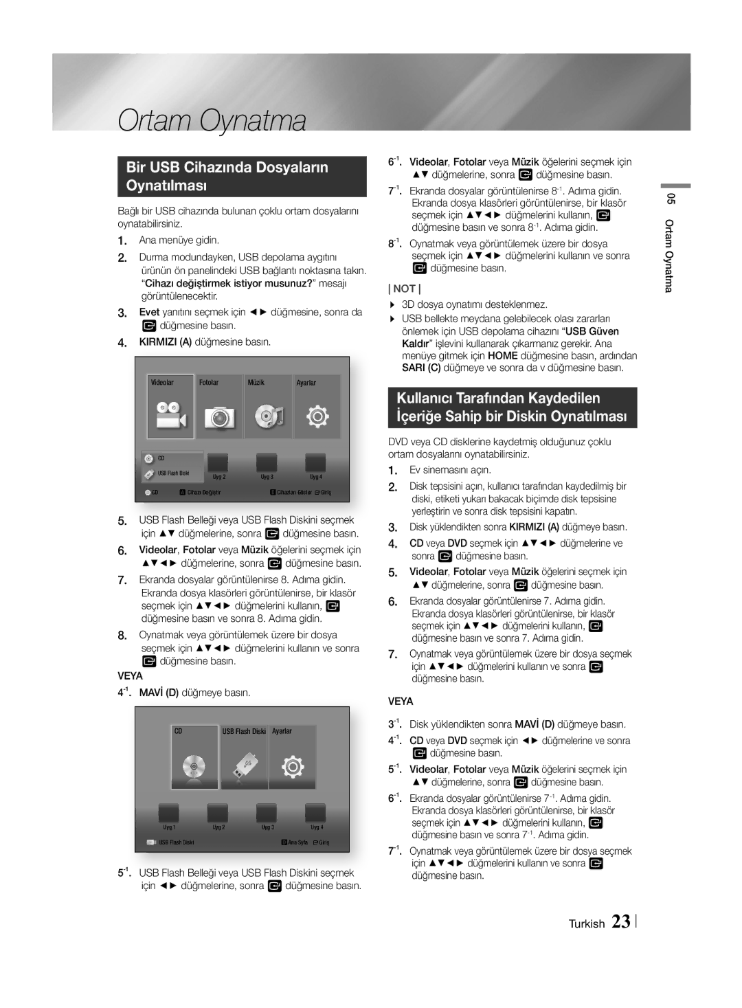 Samsung HT-H4550R/TK, HT-H4550R/EN, HT-H4550R/ZF manual Ortam Oynatma, Bir USB Cihazında Dosyaların Oynatılması, Veya 