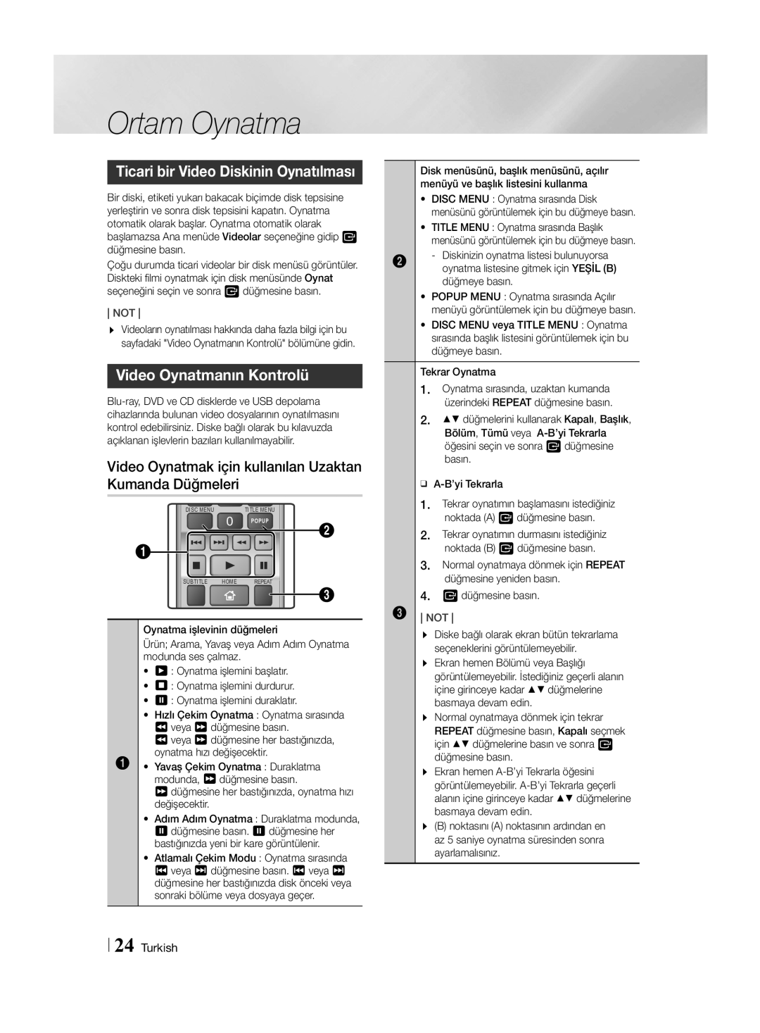 Samsung HT-H4550R/ZF, HT-H4550R/EN, HT-H4550R/TK manual Ticari bir Video Diskinin Oynatılması, Video Oynatmanın Kontrolü 