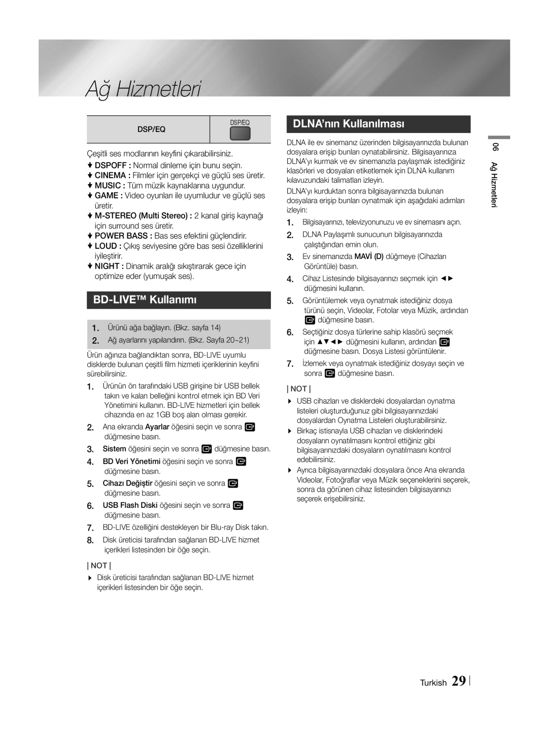 Samsung HT-H4550R/TK, HT-H4550R/EN, HT-H4550R/ZF manual Ağ Hizmetleri, BD-LIVE Kullanımı, DLNA’nın Kullanılması 