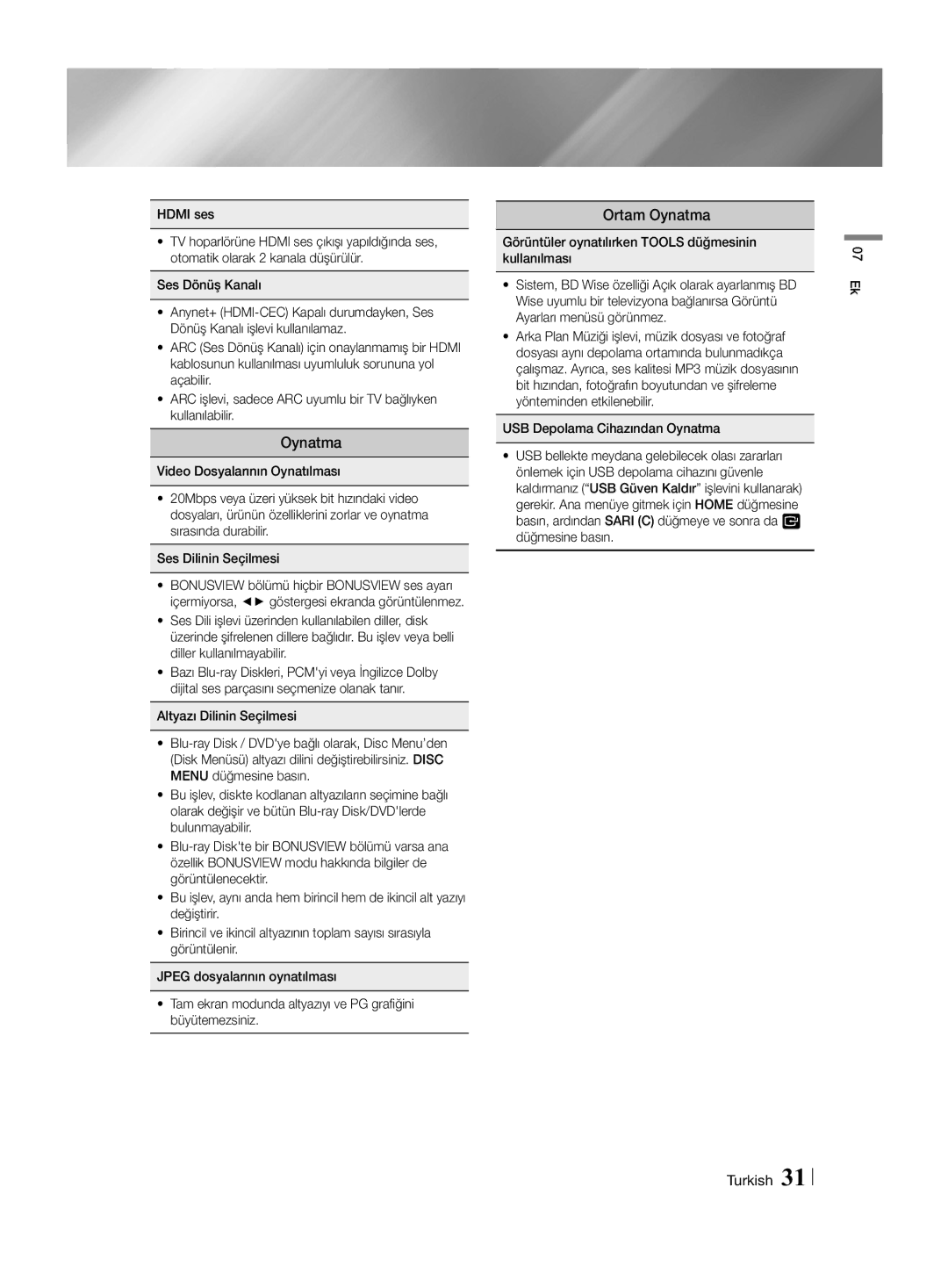 Samsung HT-H4550R/EN, HT-H4550R/TK, HT-H4550R/ZF manual Ortam Oynatma, Altyazı Dilinin Seçilmesi 