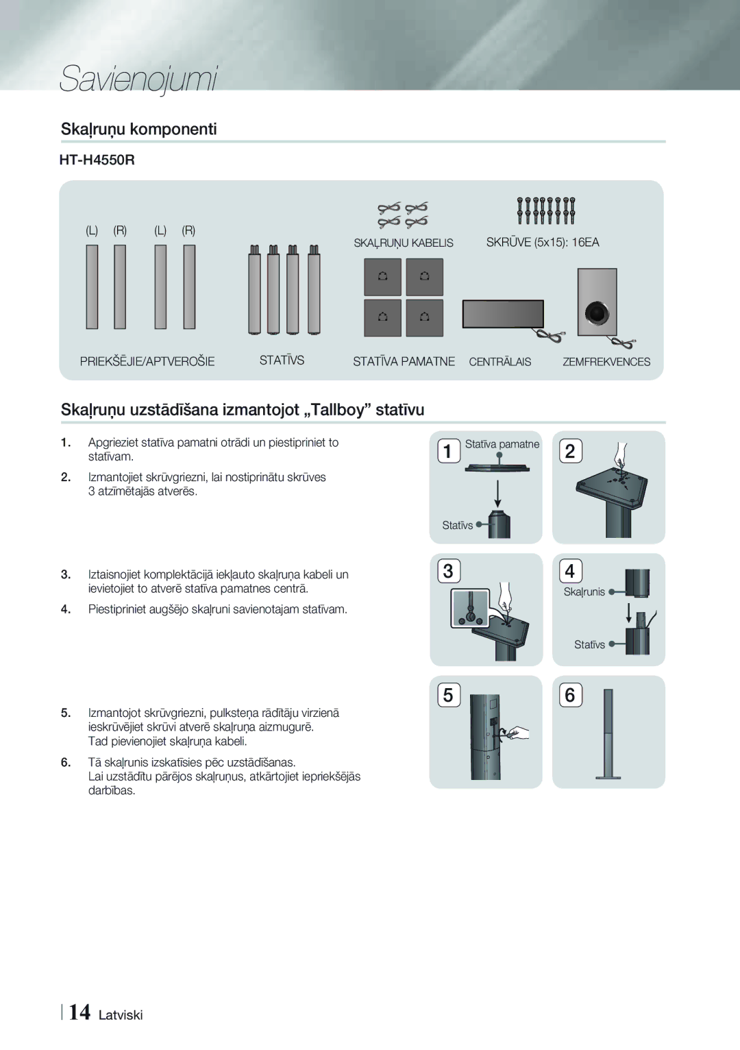 Samsung HT-H4550R/EN manual Savienojumi, Skaļruņu uzstādīšana izmantojot „Tallboy statīvu 