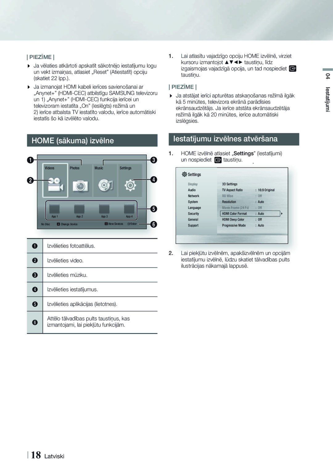 Samsung HT-H4550R/EN manual Home sākuma izvēlne, Iestatījumi 