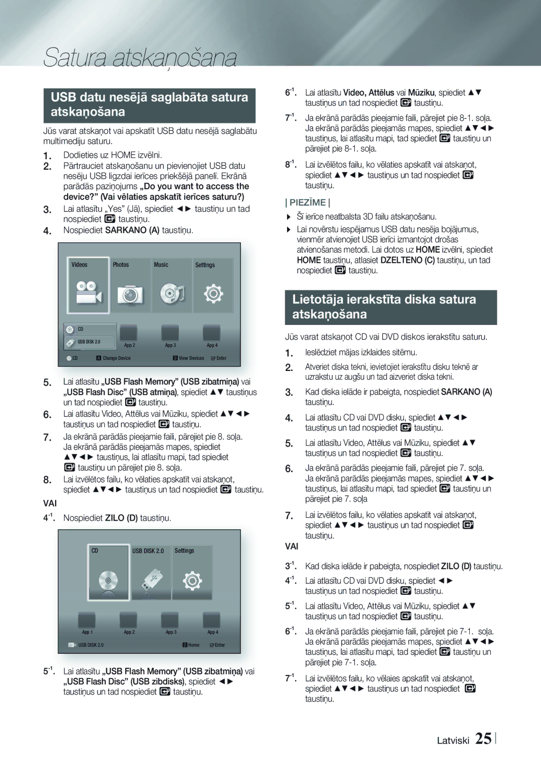 Samsung HT-H4550R/EN manual Satura atskaņošana, USB datu nesējā saglabāta satura atskaņošana 