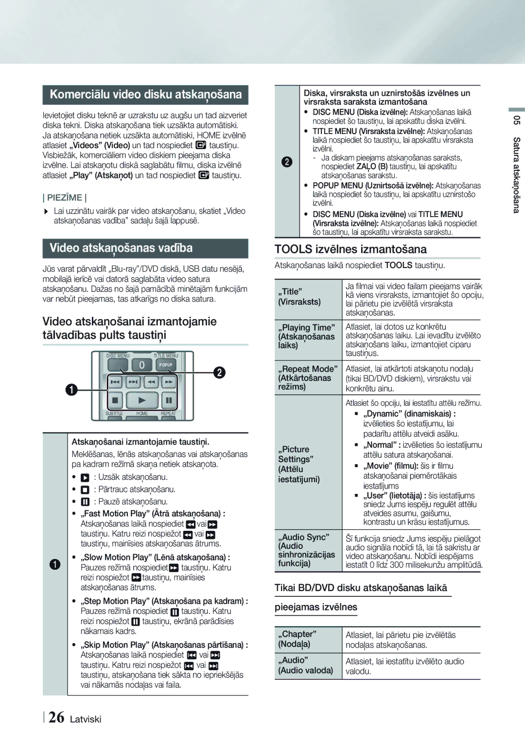 Samsung HT-H4550R/EN manual Komerciālu video disku atskaņošana, Video atskaņošanas vadība, Tools izvēlnes izmantošana 