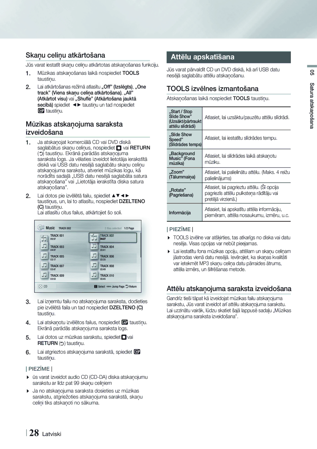 Samsung HT-H4550R/EN manual Skaņu celiņu atkārtošana, Mūzikas atskaņojuma saraksta izveidošana, Attēlu apskatīšana 